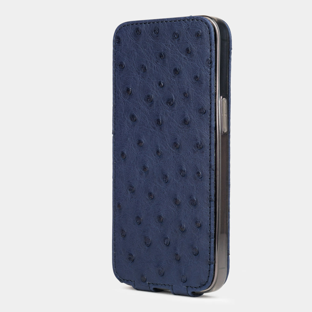 iPhone 13 Pro and Pro Max blue ostrich leather case closed view with full screen protection and visible quill grain