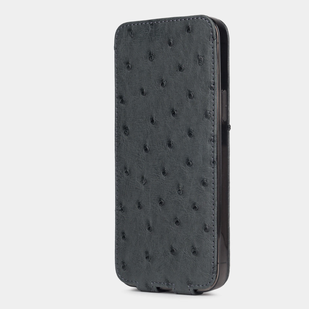 iPhone 13 Pro and Pro Max grey ostrich leather case closed view with full screen protection and visible quill grain