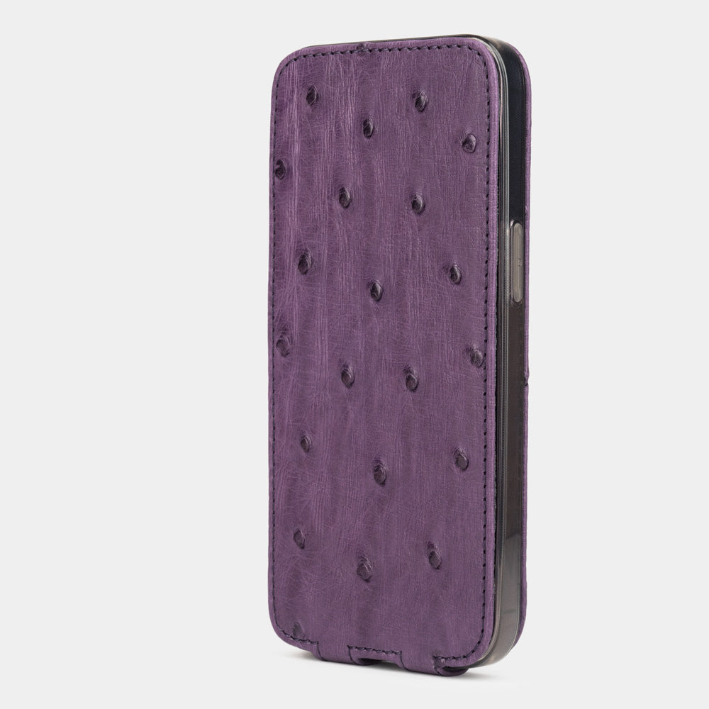 iPhone 13 Pro and Pro Max purple ostrich leather case closed view with full screen protection and visible quill grain