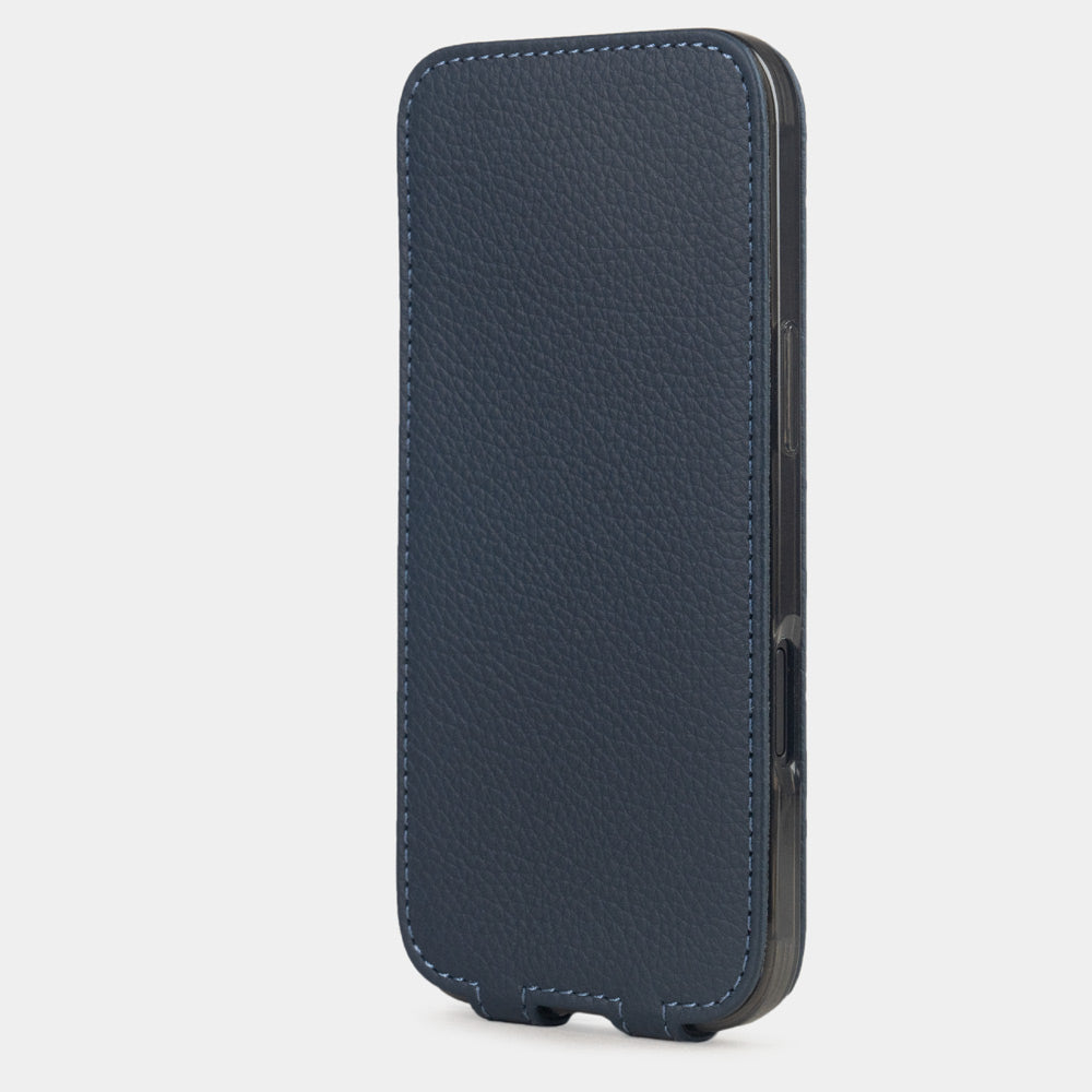 blue leather case iPhone 17 Air – upright closed view highlighting the magnetic front cover fully protecting the screen, elegant silhouette