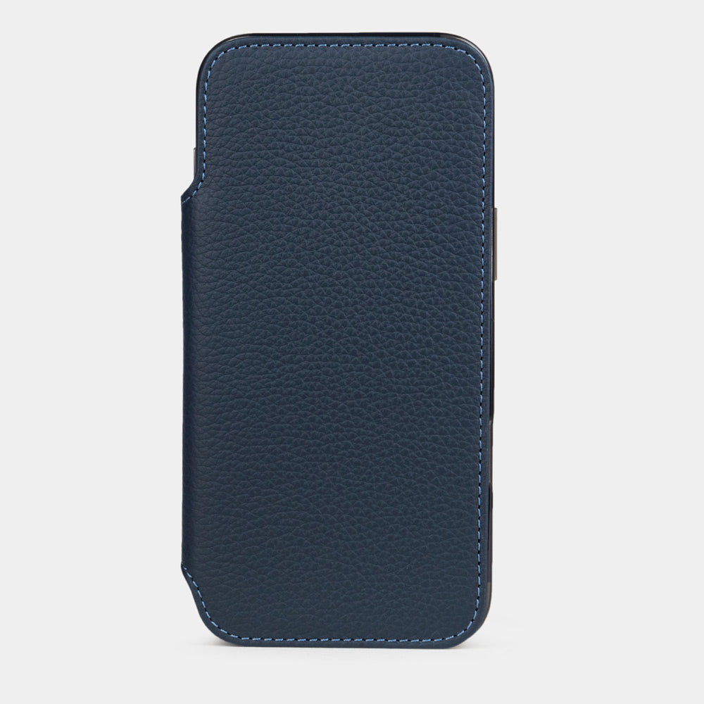 cover folio iPhone 17e & 16e pelle di vitello blue – custodia iPhone di lusso di fattura artigianale in pelle autentica con aletta magnetica in posizione chiusa