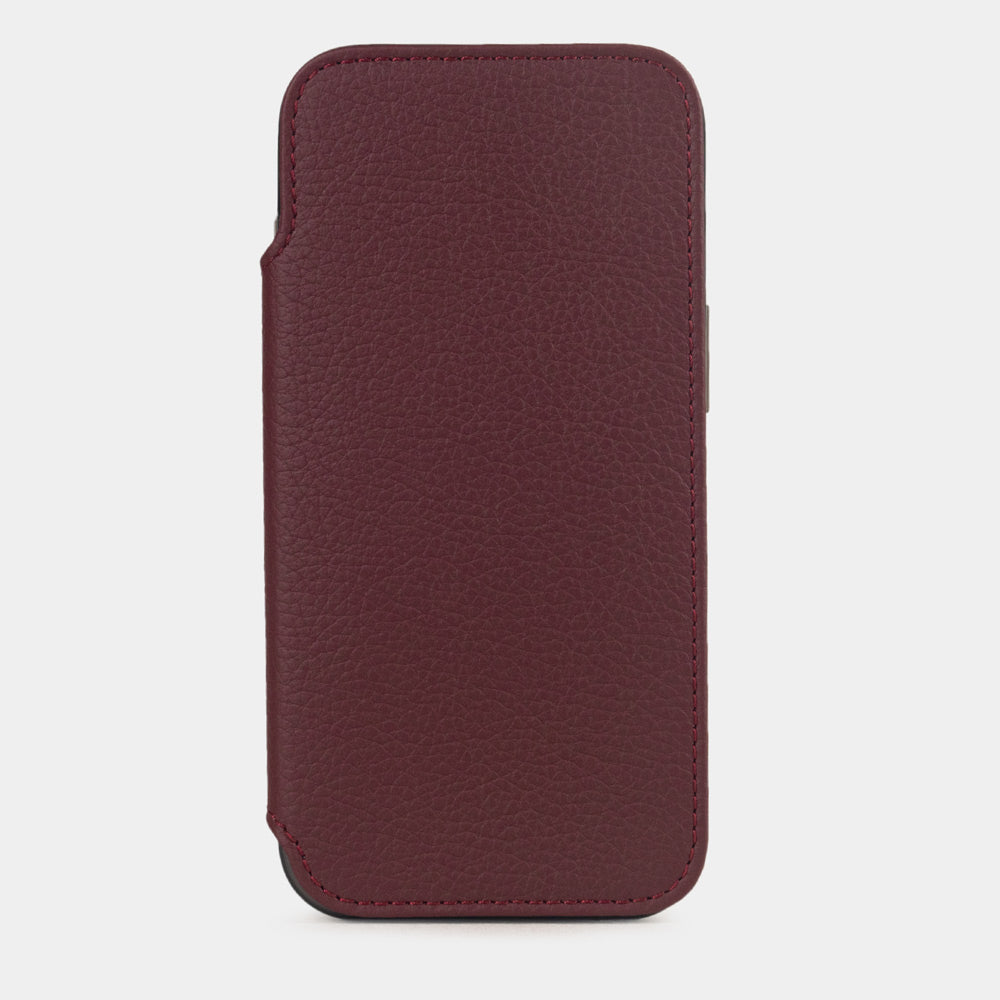 cover folio iPhone 17e & 16e pelle di vitello bordeaux – custodia iPhone di lusso di fattura artigianale in pelle autentica con aletta magnetica in posizione chiusa