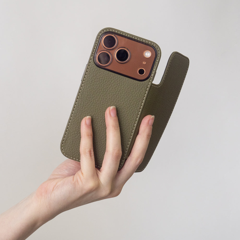 Custodia a portafoglio in pelle verde per iPhone 17 Pro Max