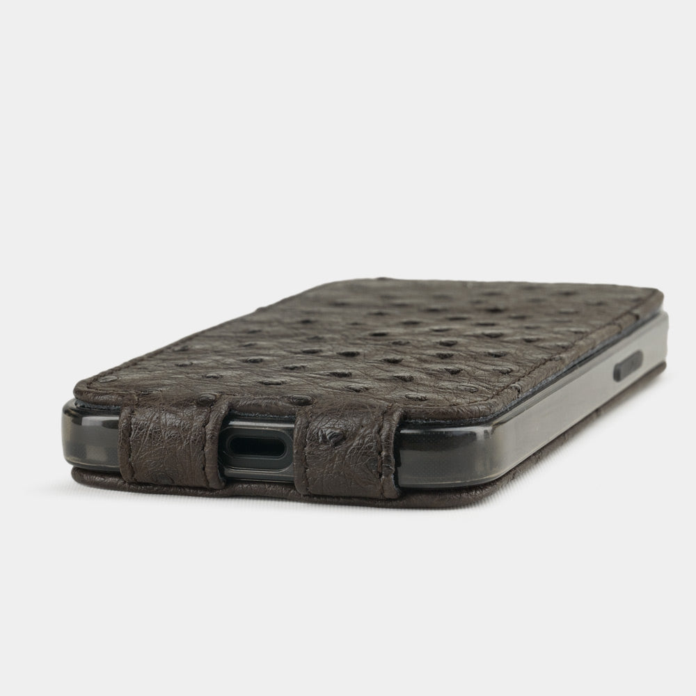 brown ostrich leather flip case for iPhone 12 pro max, view of the case laid flat showing its slim profile