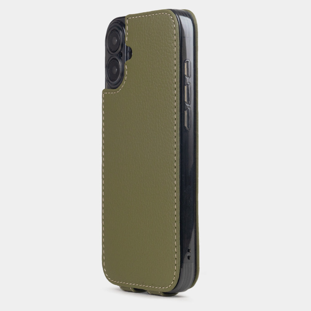 green Calfskin leather Flip Case iPhone 16 Plus  - view from camera side and how the lenses are efficiently protected