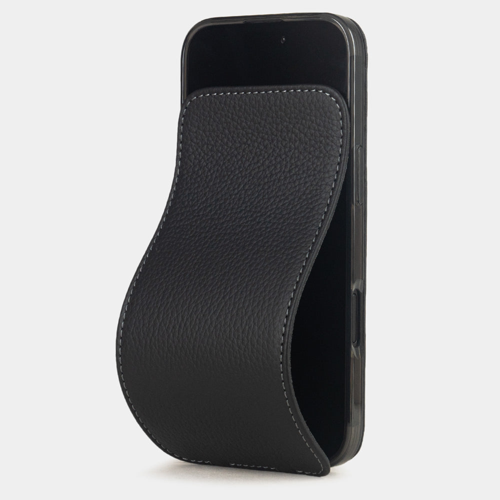 black leather case iPhone 17 Air – luxury handmade phone case in genuine ostrich leather with magnetic front cover partially open, main photo