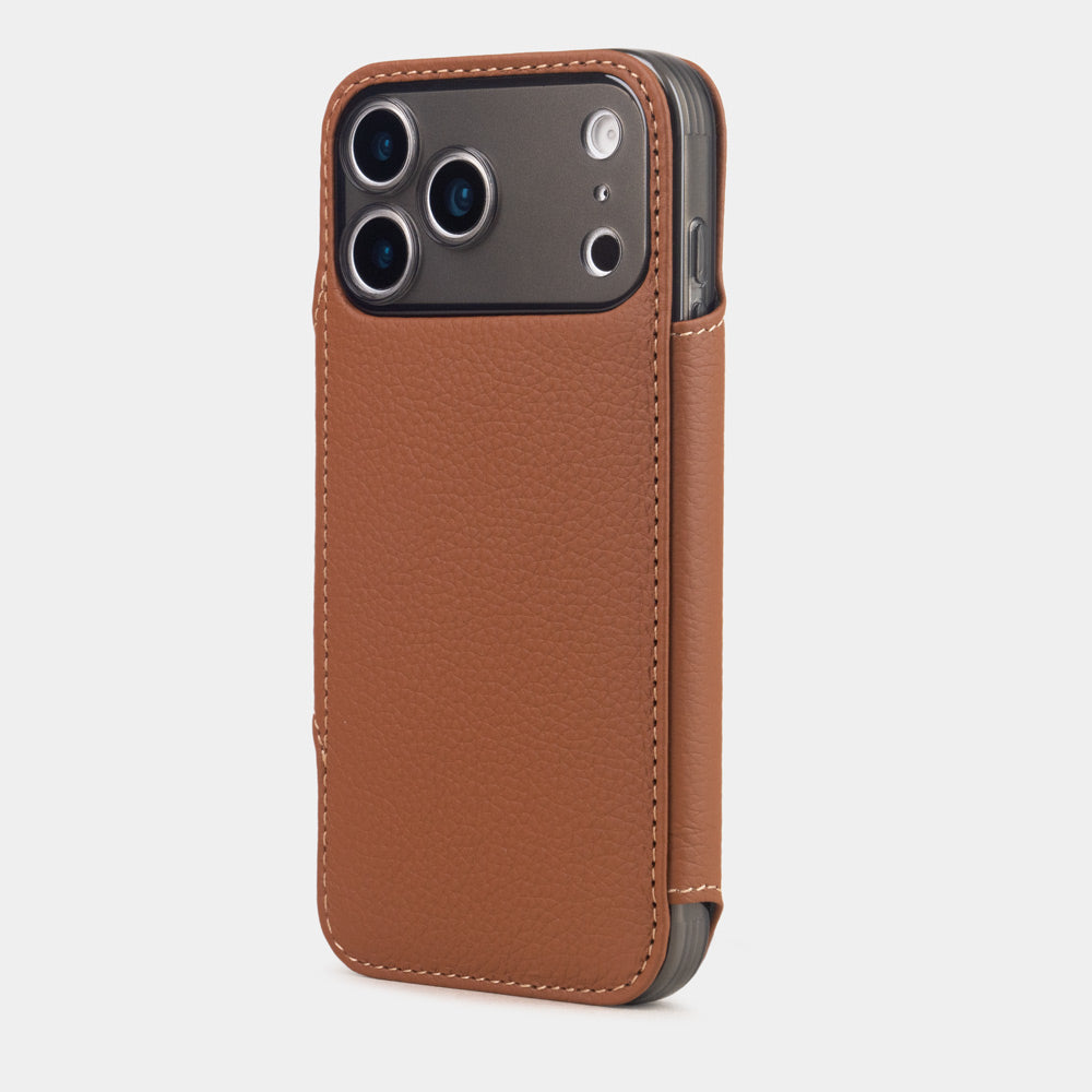 Gold Calfskin Wallet Case iPhone 17 Pro 3 cardholder slots silver - view from camera side and how the lenses are efficiently protected