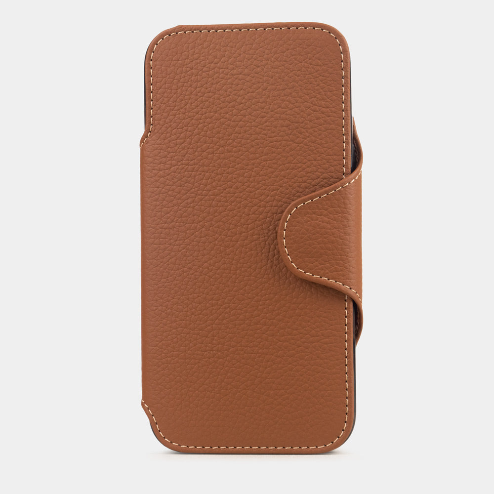Gold Calfskin leather Wallet Case iPhone 17 Pro with 3 cardholder slots  – luxury handmade phone case in genuine leather with magnetic front cover closed