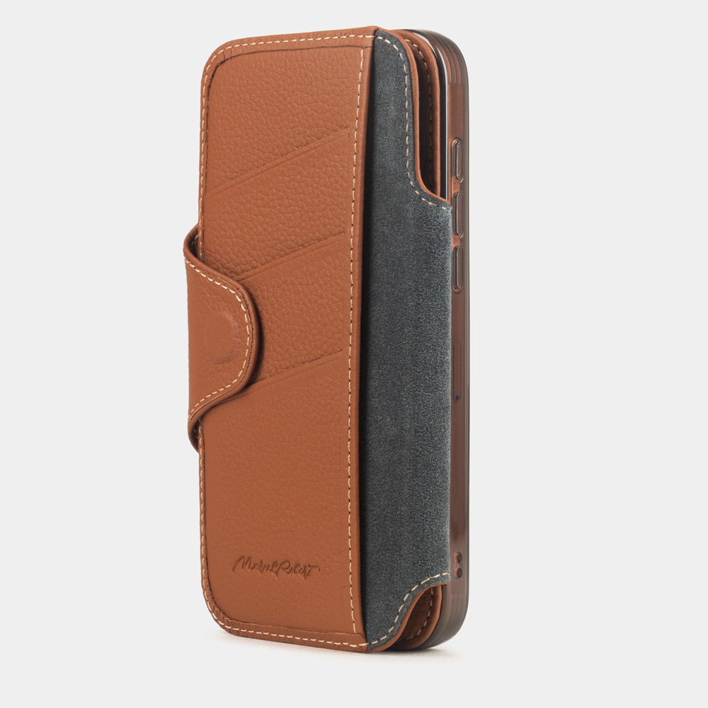 Gold Calfskin Wallet Case iPhone 17 Pro 3 cardholder slots - cover folded and fixed thanks to magnets