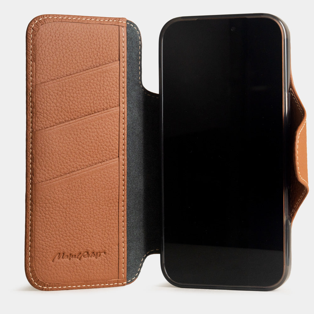 Gold Calfskin Wallet Case iPhone 17 Pro 3 cardholder slots orange - view from inside - empty slots