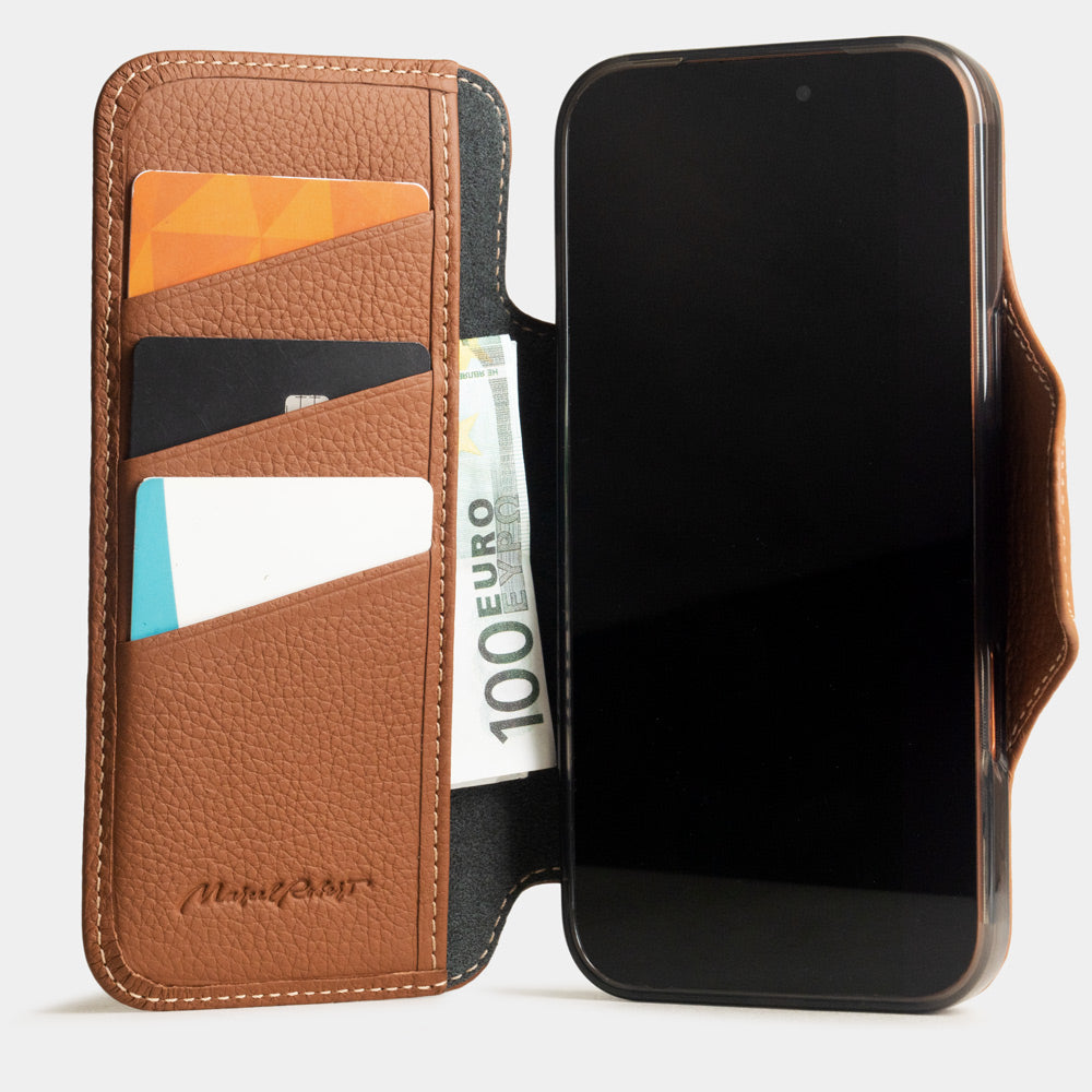 Gold Calfskin Wallet Case iPhone 17 Pro 3 cardholder slots orange - view from inside - with cards