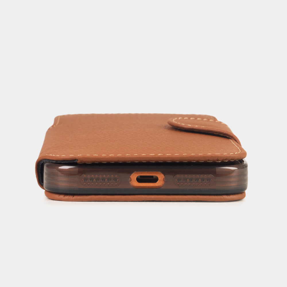 Gold Calfskin Wallet Case iPhone 17 Pro 3 cardholder slots - flat side view displaying ultra-thin handcrafted design, USB-C port opening and precise edge finishing