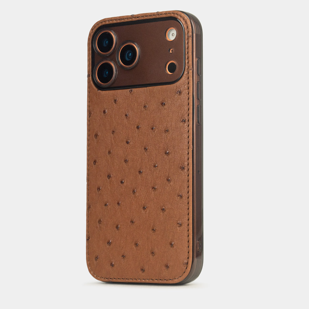 Gold Ostrich Cover Case iPhone 17 Pro Max orange – luxury handmade phone case in genuine ostrich leather
