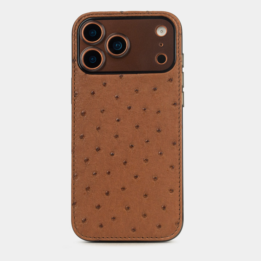 Gold Ostrich Cover Case iPhone 17 Pro Max - case with textured quill pattern, view from camera side and how the lenses are efficiently protected
