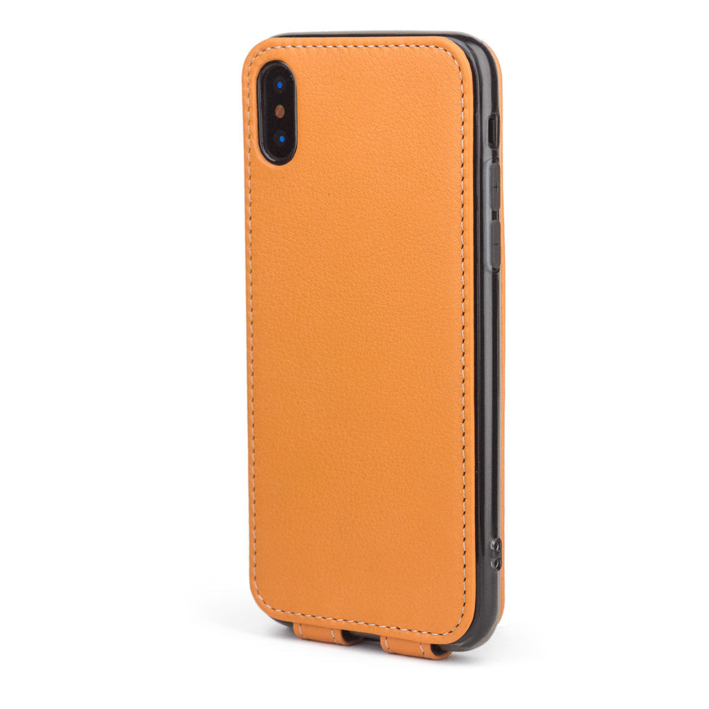 ocre leather case for iPhone X - back view showing the camera cutout & optical lens efficiently protected