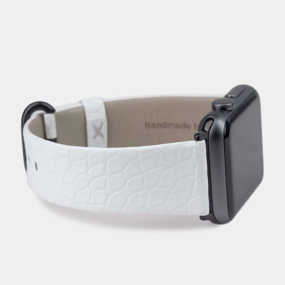 white alligator strap apple watch black adapters and buckle