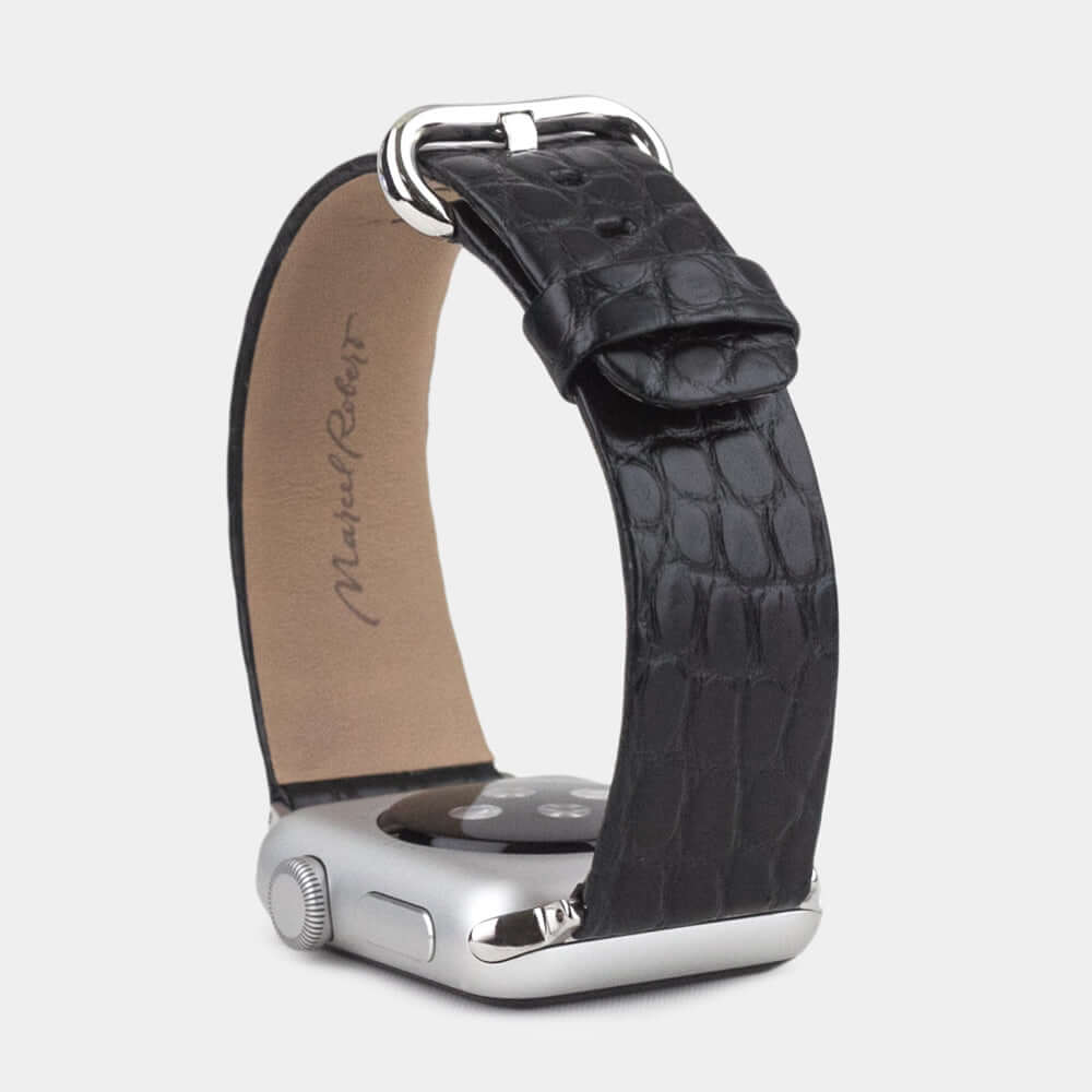 black alligator strap apple watch steel adapters and buckle