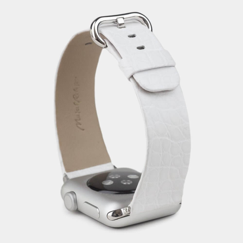 white alligator strap apple watch steel adapters and buckle