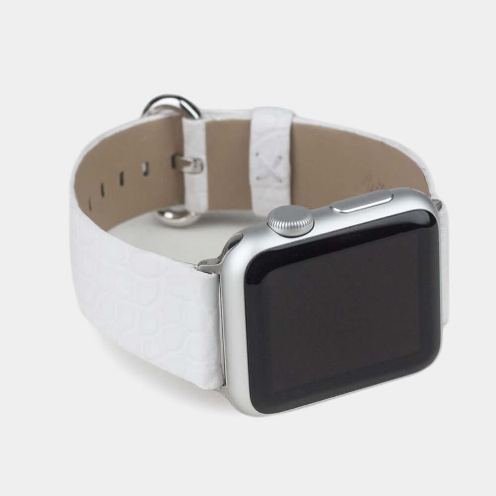 white alligator strap apple watch steel adapters and buckle