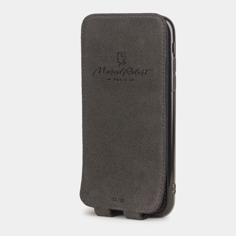 Black calfskin leather flip case iPhone 11, Marcel Robert handmade magnetic folding cover