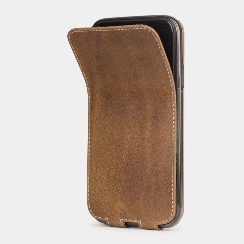Custodia iPhone 11 Pro Max pelle di vitello cuoio vintage — cover a ribalta magnetica fatta a mano Marcel Robert