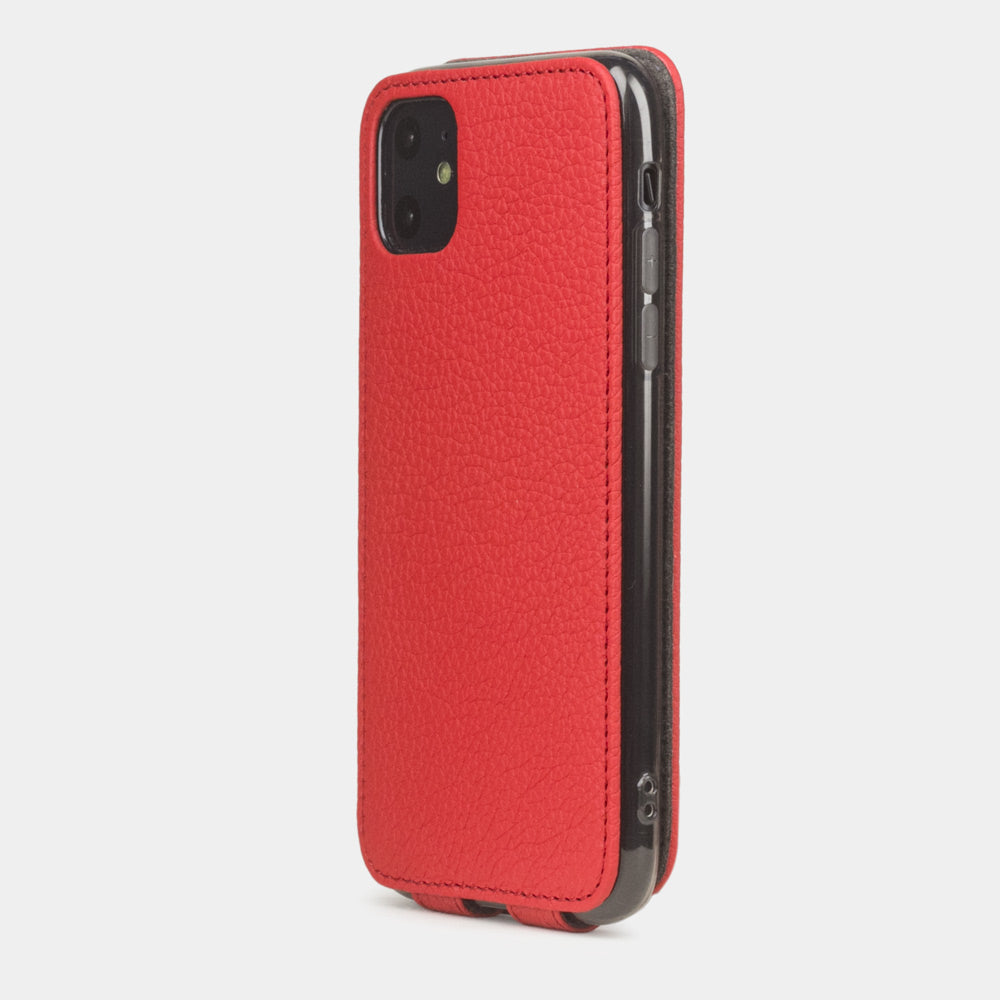Red calfskin leather flip case iPhone 11, Marcel Robert handmade magnetic folding cover