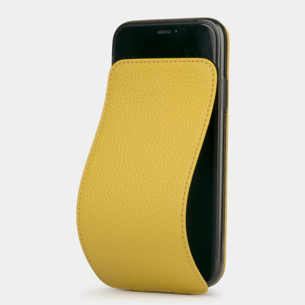 Yellow calfskin leather flip case iPhone 11, Marcel Robert handmade magnetic folding cover