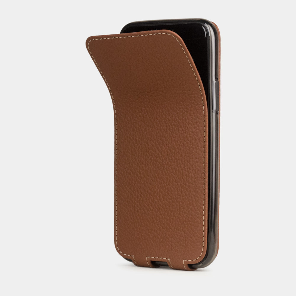 Caramel calfskin leather flip case iPhone 11 Pro, Marcel Robert handmade magnetic folding cover