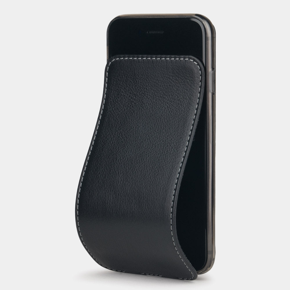 Funda de piel Negro para iPhone SE - funda de lujo en piel auténtica con tapa magnética parcialmente abierta