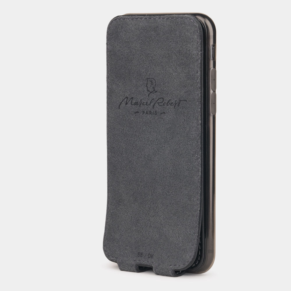 Funda de piel Negro para iPhone SE - vista interior que muestra el forro de Alcantara auténtico, diseñado para limpiar y proteger la pantalla