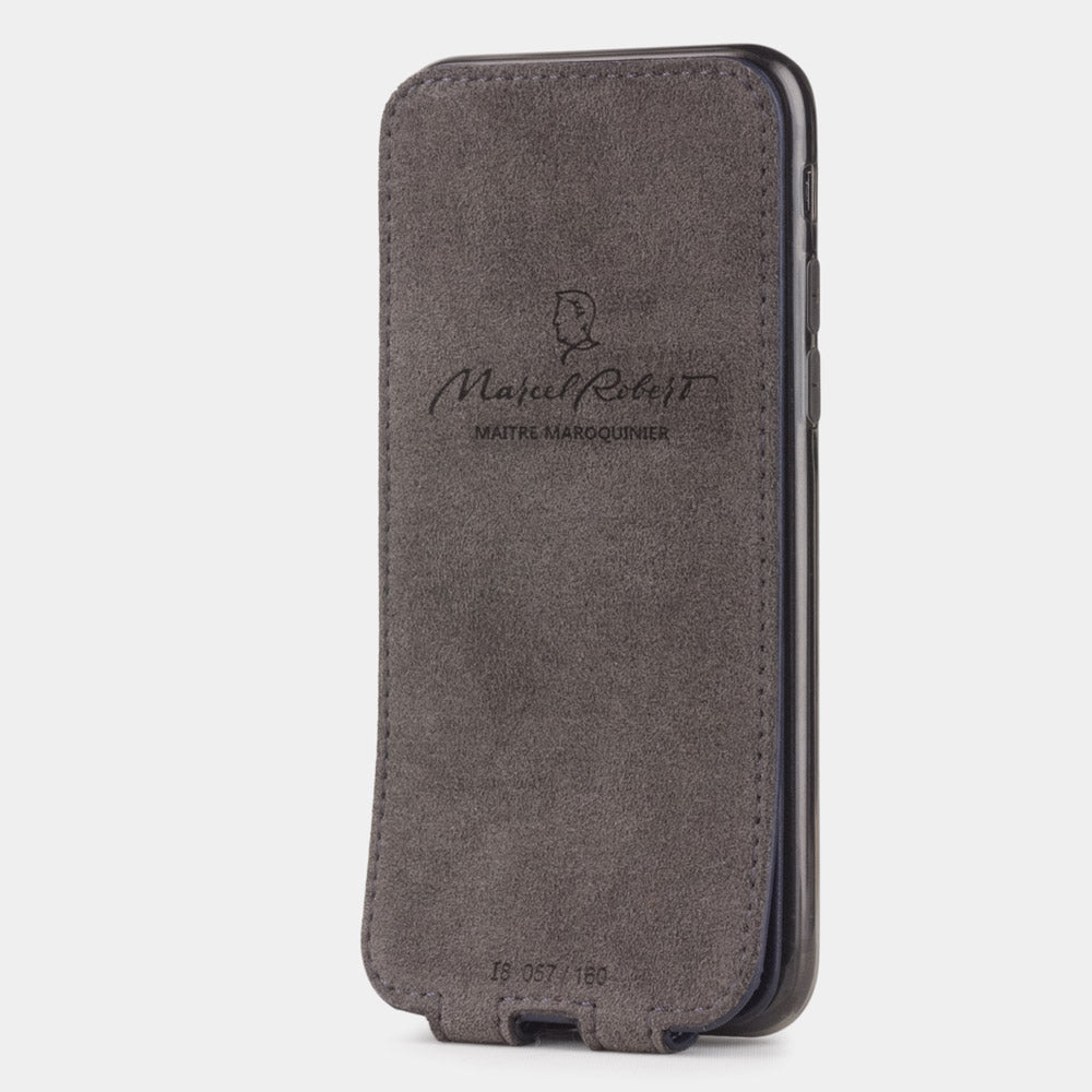 Funda de piel Azul Índigo para iPhone SE - vista interior que muestra el forro de Alcantara auténtico, diseñado para limpiar y proteger la pantalla
