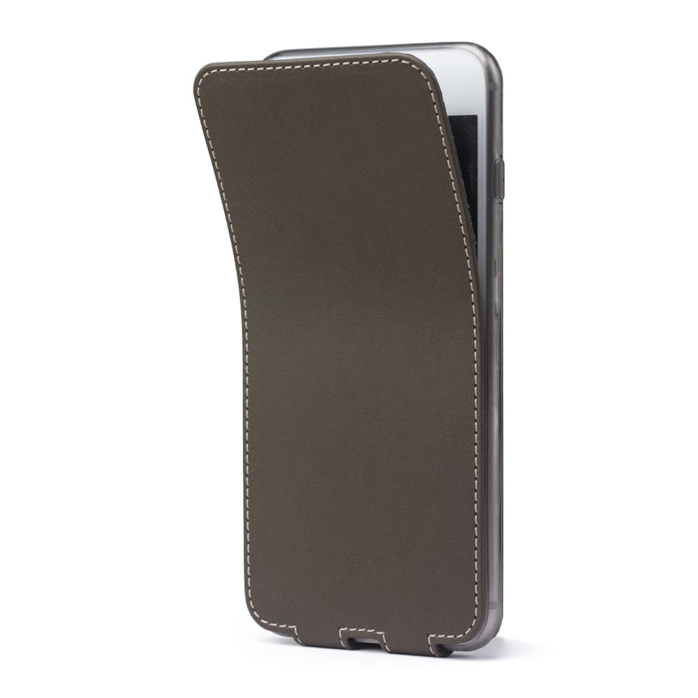 Funda de piel Caqui para iPhone SE - tapa frontal flexible que se pliega hacia atrás para proteger la pantalla del smartphone