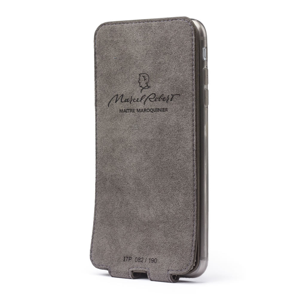 Funda de piel Caqui para iPhone SE - vista interior que muestra el forro de Alcantara auténtico, diseñado para limpiar y proteger la pantalla