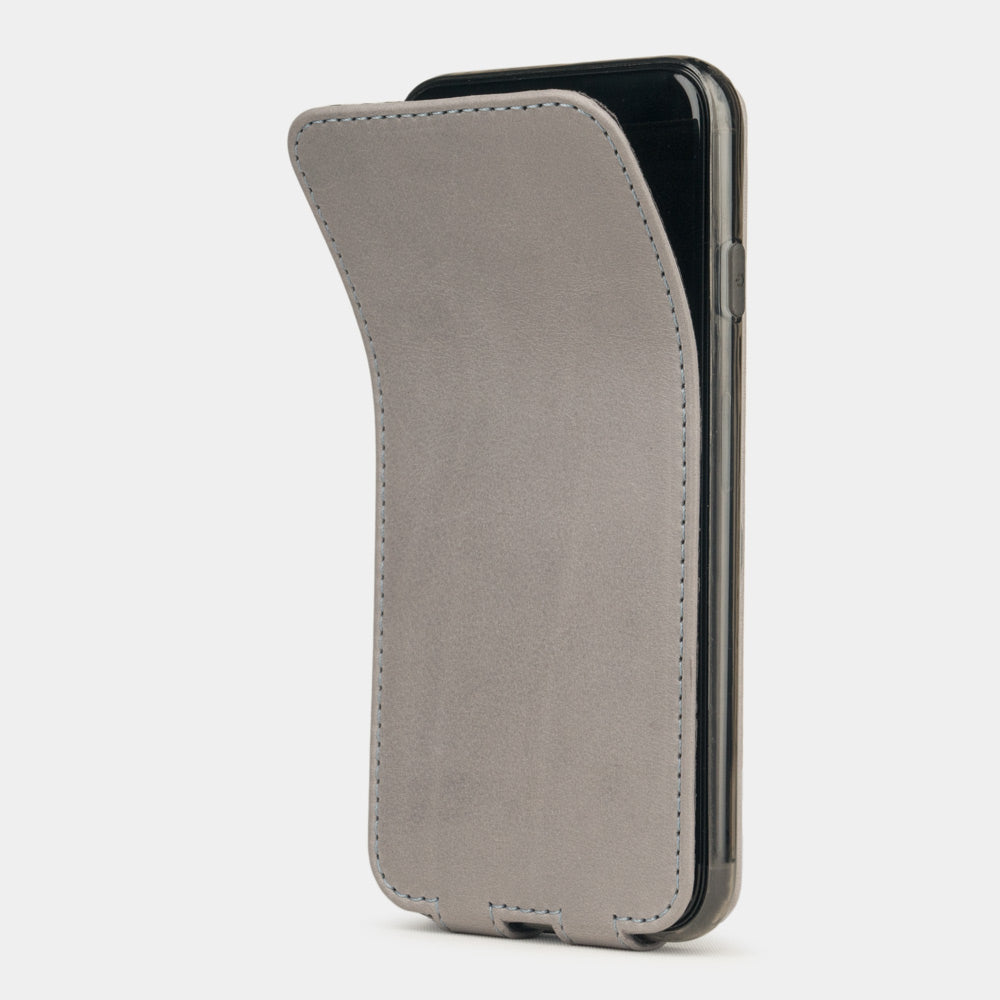 Funda de piel Gris Piedra para iPhone SE - tapa frontal flexible que se pliega hacia atrás para proteger la pantalla del smartphone