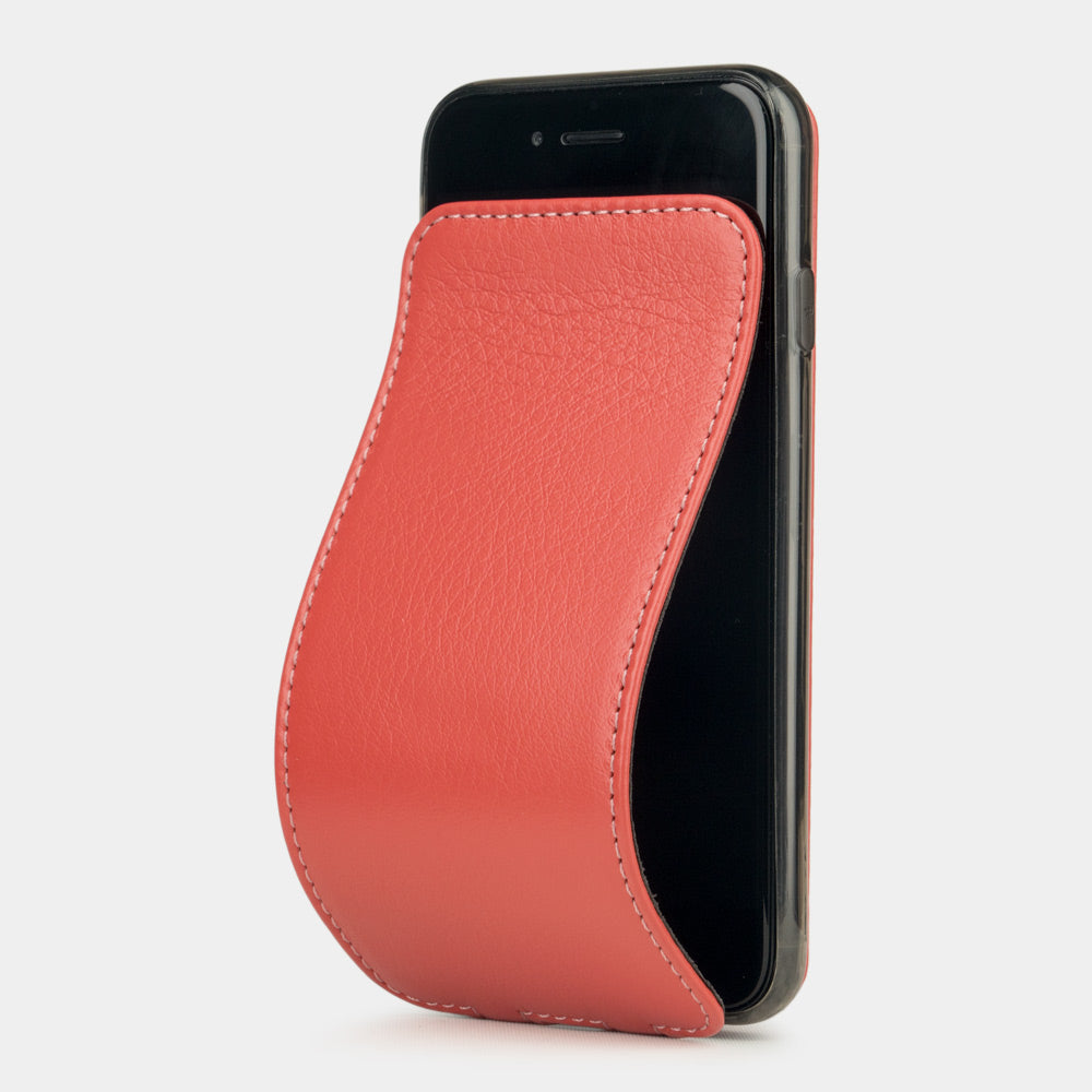 Funda de piel Coral para iPhone SE - funda de lujo en piel auténtica con tapa magnética parcialmente abierta