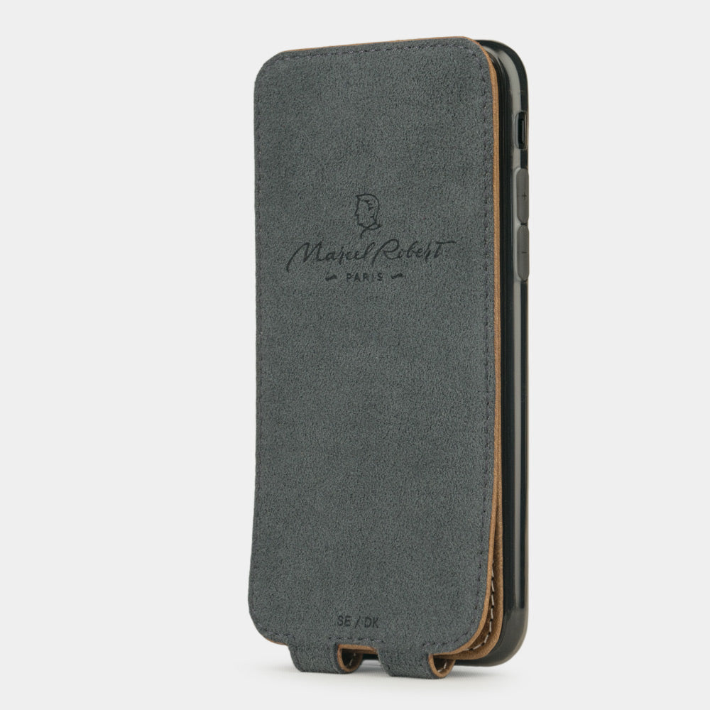 Funda de piel Vintage para iPhone SE - vista interior que muestra el forro de Alcantara auténtico, diseñado para limpiar y proteger la pantalla