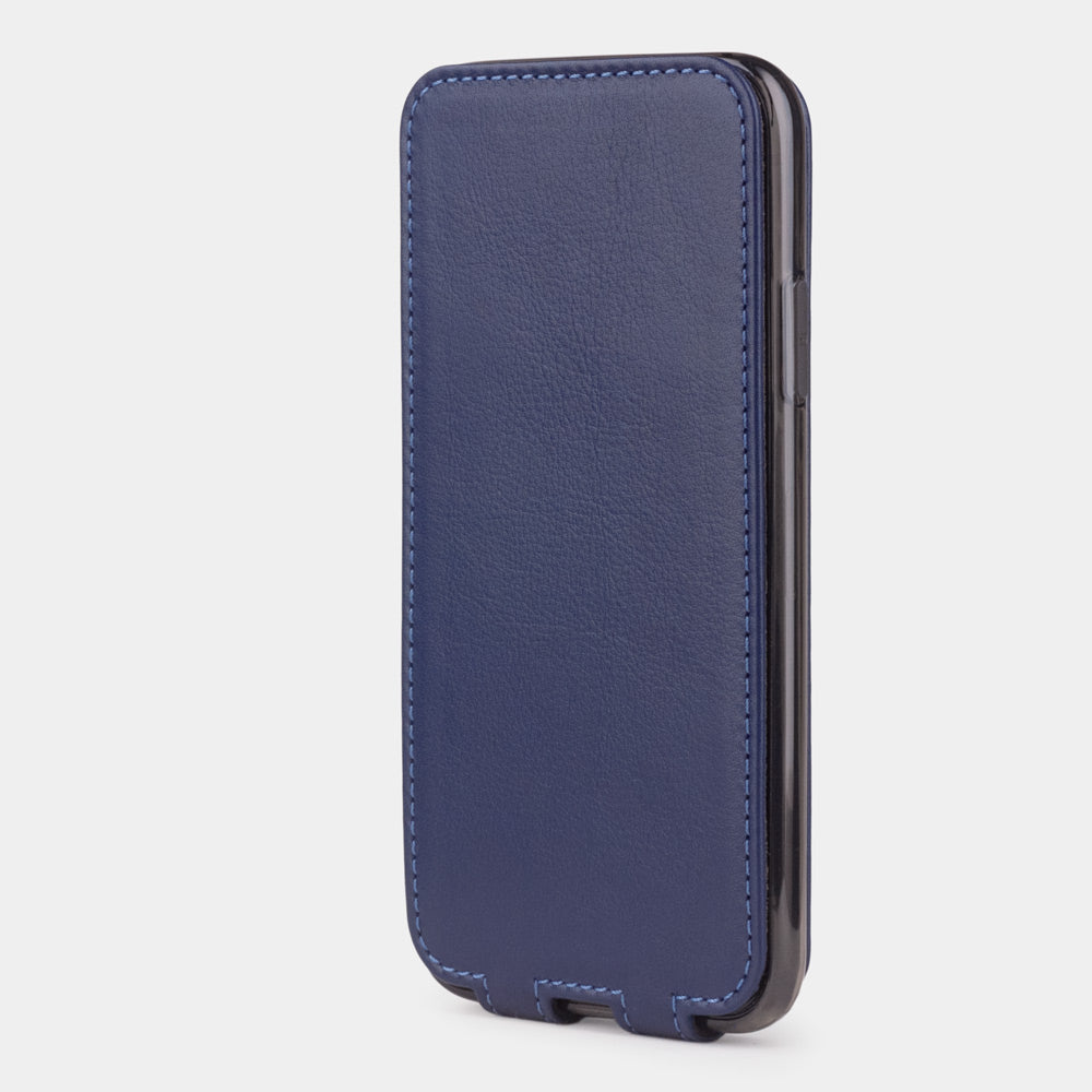 Blue Indigo leather flip case for iPhone X - upright closed view showing the front cover