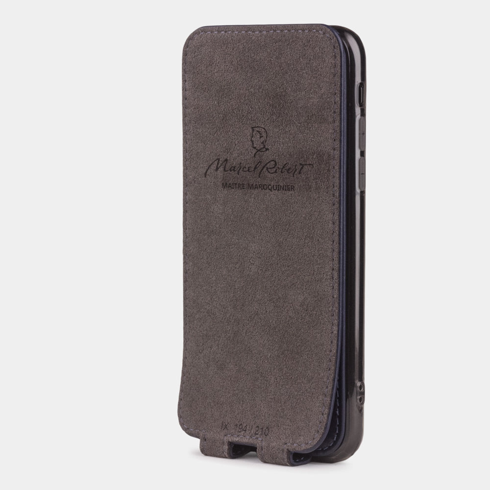 blue indigo leather case for iPhone X - interior view showing the Alcantara lining used to clean the phone screen