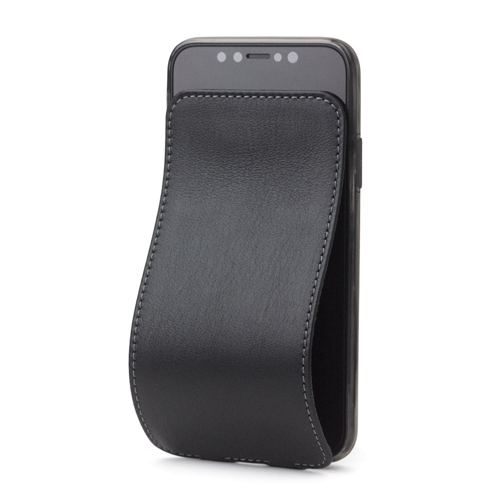 Black leather case for iPhone X - front view showing the soft folding cover