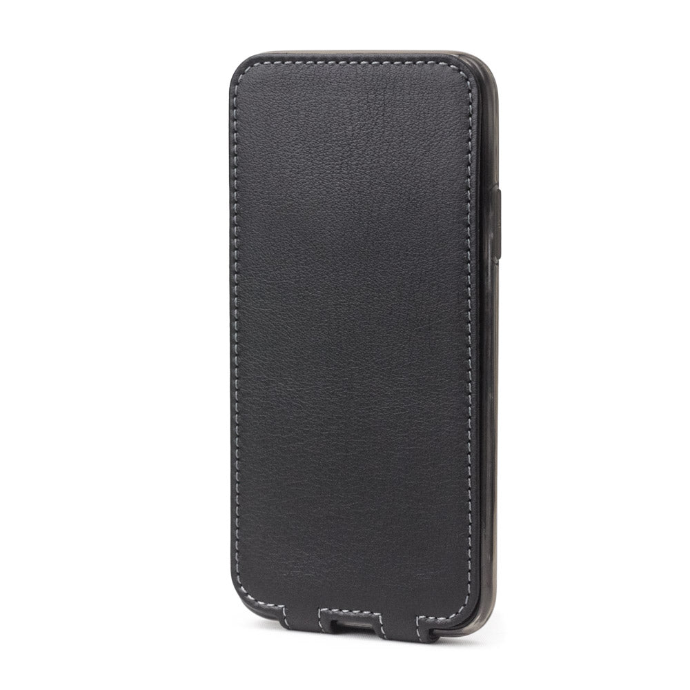 Black leather case for iPhone X - back view showing the camera cutout