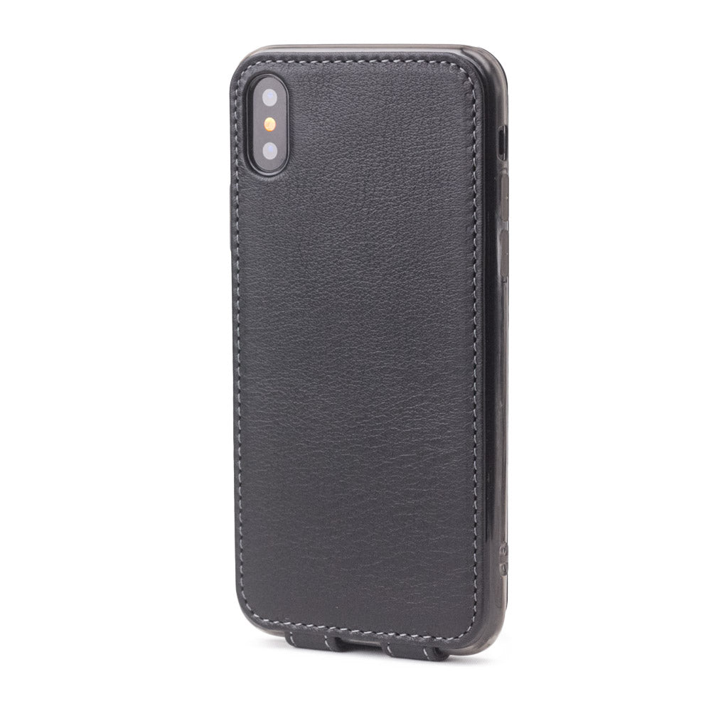 Black leather case for iPhone X - side view showing the camera cutout, lens carefully protected and edge stitching