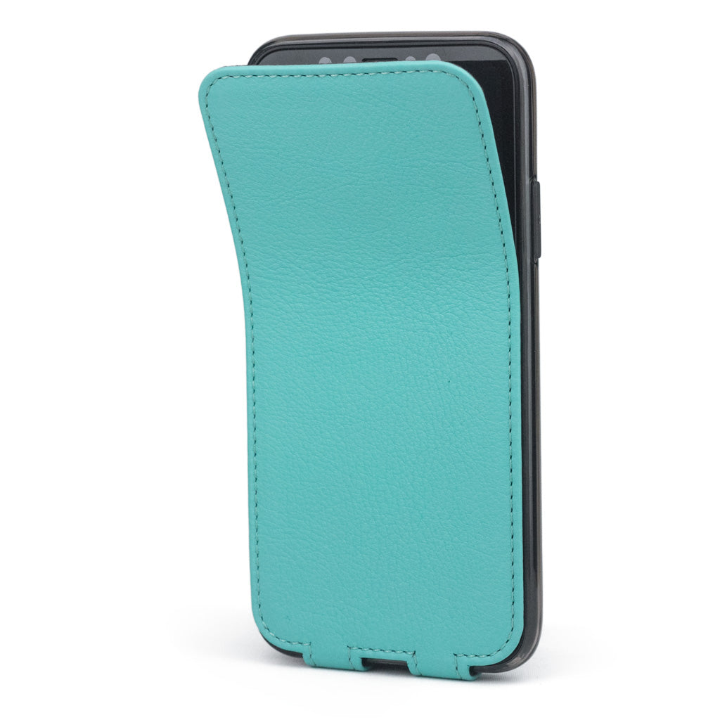 Tiffany Blue leather flip case for iPhone X - side view showing the soft folding cover partially open