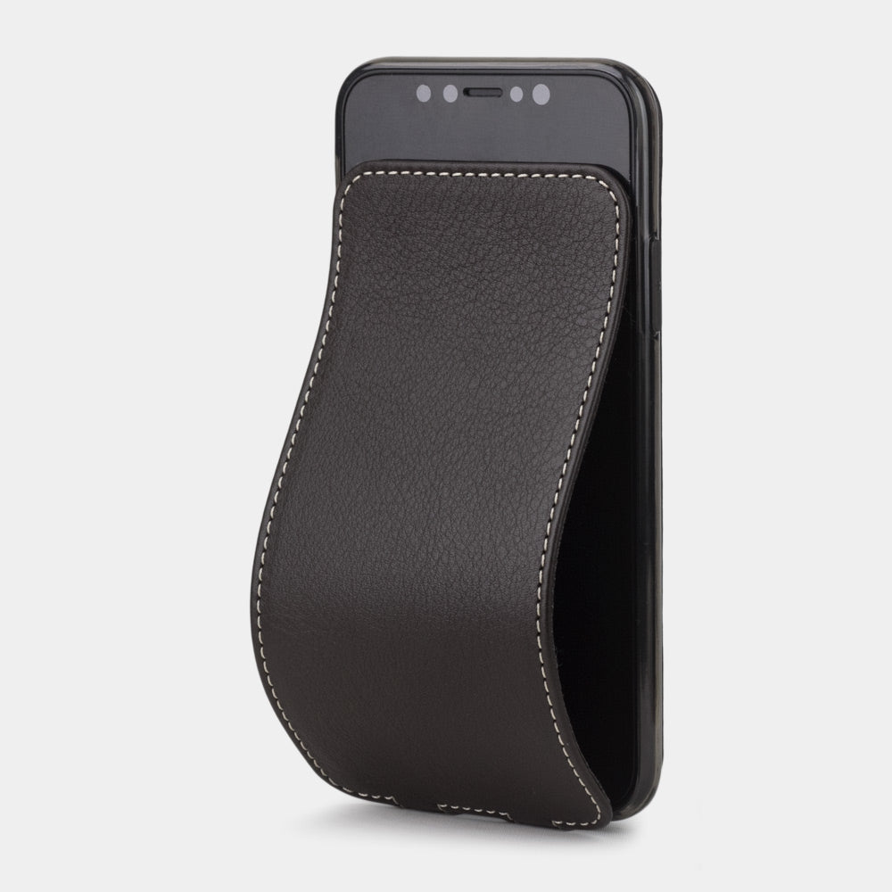 Brown leather case for iPhone X - luxury handmade phone case in genuine leather with magnetic front cover partially open