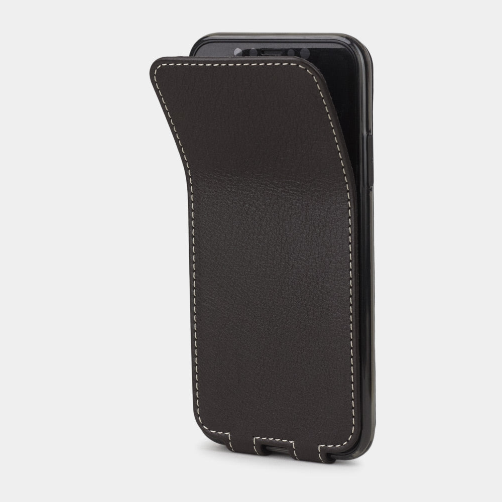 Brown leather case for iPhone X - side view showing the soft folding cover partially open