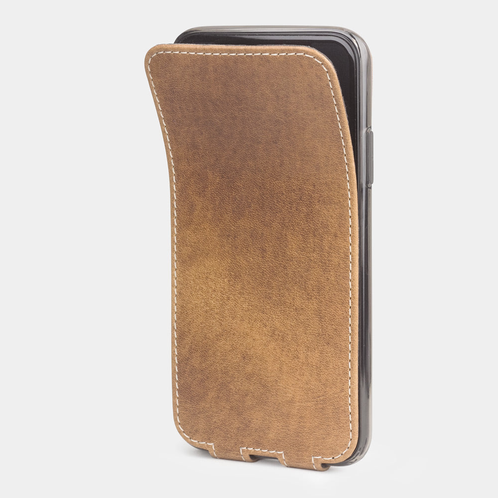 vintage leather flip case for iPhone X - side view showing the soft folding cover partially open