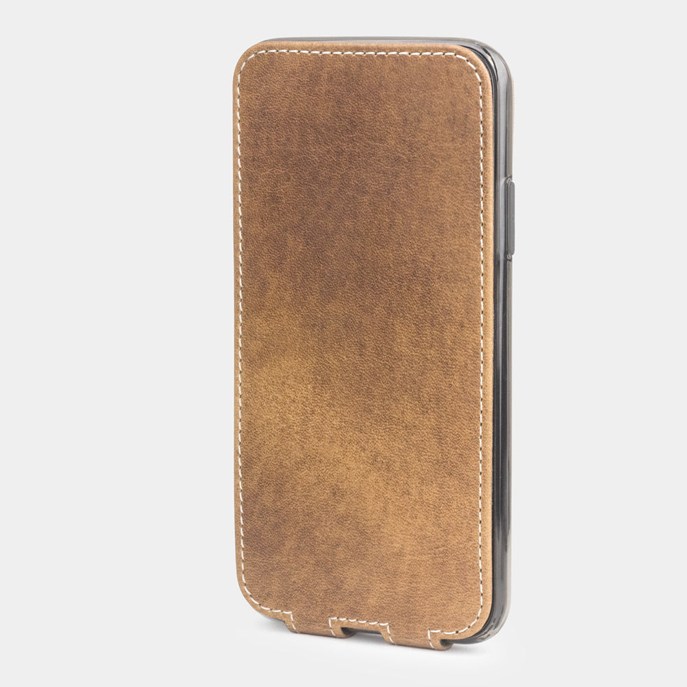 vintage leather flip case for iPhone X - upright closed view showing the front cover