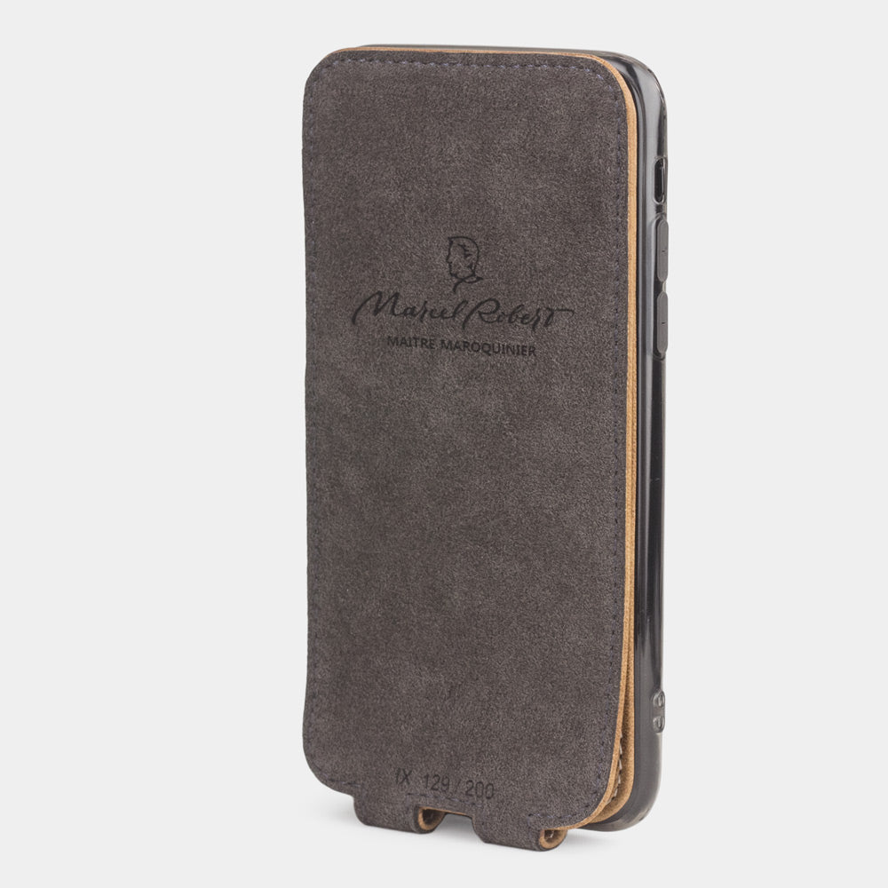 vintage leather flip case for iPhone X - interior view showing the Alcantara lining with Marcel Robert branding