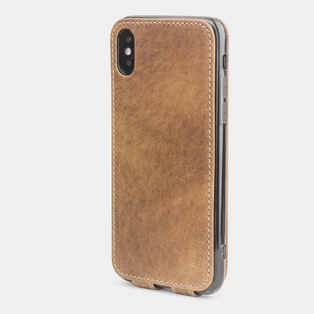 Vintage leather flip case for iPhone X - back view showing the camera cutout & how the optical lens is efficiently protected