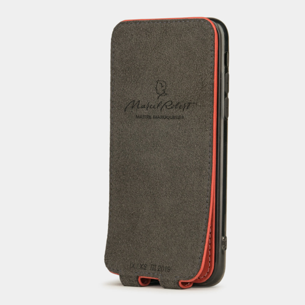 red coral leather case for iPhone X - interior view showing the Alcantara lining used to clean the phone screen