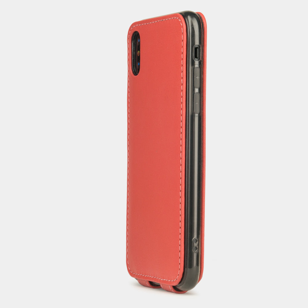 red coral leather case for iPhone X - back view showing the camera cutout & optical lens efficiently protected